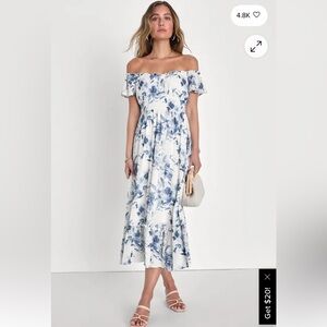 Lulu's Off-Shoulder Blue and White Midi Dress